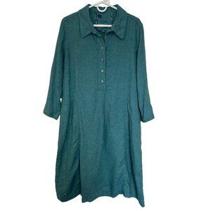 Yuvita Linen Shirt Dress 3/4 Sleeve Knee Length Pockets Size M Blue Lagenlook